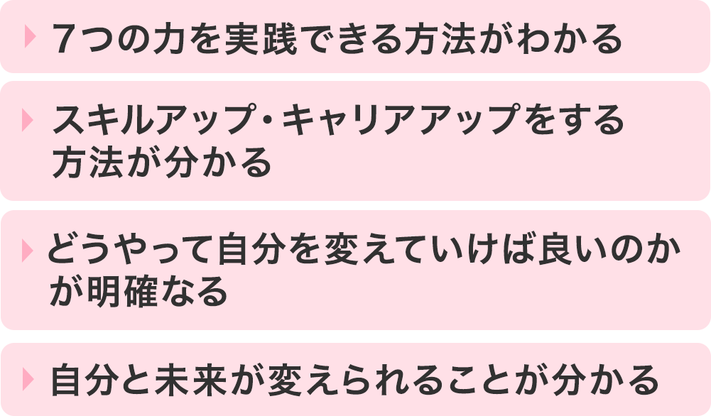 ・７つの力を実践できる方法がわかる・スキルアップ・キャリアアップをする方法が分かる・どうやって自分を変えていけば良いのかが明確なる・自分と未来が変えられることが分かる。